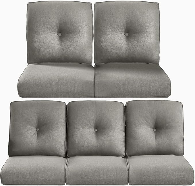 Pop 22x25/22x24 Outdoor Cushions for Patio 5 Piece Set - Set of 5 Water-Resistant Replacement Cushion for Wicker Dining Rocking Swivel Chairs Loveseat Couch Sectional Sofa - Grey/Button