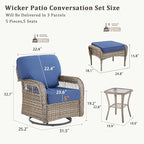 5 Pieces Patio Furniture Set Outdoor Sectional Sofa Couch with Rocking Swivel Chairs 5" Deep Seat Chairs, Modern Wicker Rattan Conversation Set, Blue/Gray Wicker