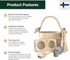 Sauna Accessories Kit - Handmade from Finnish Pine Wood - Core Set (Bucket & Ladle, Thermometer & Hygrometer, Sand Timer, Aromatherapy Cup)