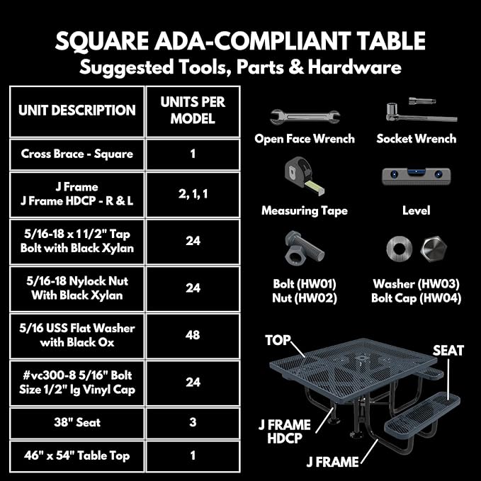 COATEDOUTDOORFURNITURE Coated Outdoor Furniture Heavy-Duty Portable ADA-Compliant Outdoor Picnic Table with Umbrella Hole, Punched Steel Patio Dining Furniture Made in America (46" Square Top, Grey)