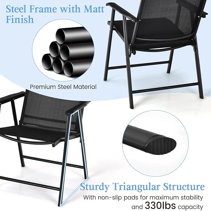 S AFSTAR Folding Patio Chairs Set of 6, Metal Textilene Patio Dining Chairs with Armrests, 6 Pack Portable Sling Chairs Outdoor Lawn Chair for Garden Backyard Porch Deck, 330LBS Load (Black)