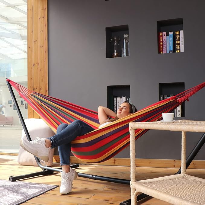 ANYOO Cotton Hammock Portable Camping Hammocks for Hanging Sturdy Garden Comfortable Fabric Hammock with Tree Straps Up to 660lbs with Travel Bag for Camping Outdoor/Indoor Patio Backyard