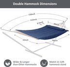 SUNCREAT Hammocks Outdoor Double Hammock with Hardwood Spreader Bar, Heavy Duty Cotton Rope Hammock with Polyester Pad, Dark Blue