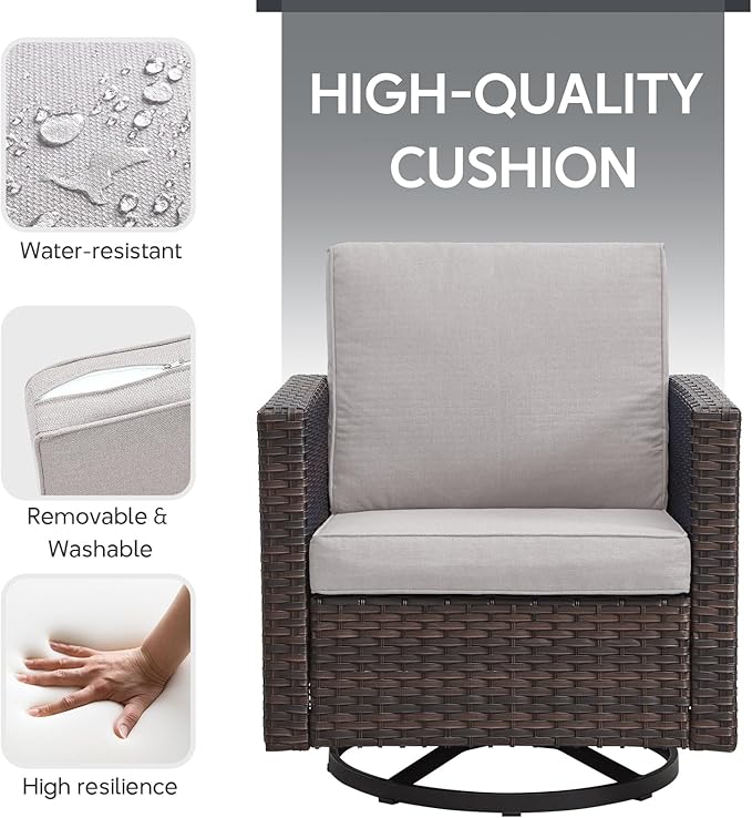 7 Piece Wicker Patio Furniture with Fire Pit Table - Outdoor Conversation Set with 50,000 BTU Fire Pit, All Weather Rattan Patio Set for Deck Backyard Garden - Brown Wicker Beige Cushion