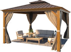 YOLENY 12'x12' Hardtop Gazebo, Wooden Finish Coated Aluminum Frame Canopy with Galvanized Steel Roof, Outdoor Metal Gazebos with Curtains and Nettings for Patio, Backyard, Deck and Lawns
