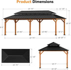 Modern Shade The Horizon Permanent Hardtop Gazebo 12' x 24' with 4 LED Lights, Outdoor Gazebo w/Galvanized Steel Double Roof, Patio Pavilion w/Decor Hooks, Mosquito Netting and Curtains, Wood-Looking