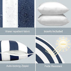 LVTXIII Outdoor Throw Pillows 18x18 Patio Waterproof Square Pillows with Piping Fade Resistant Accent Pillow for Spring Summer Garden Decoration, Set of 2, Cabana Navy