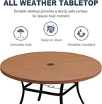 VICLLAX 53" Round Patio Dining Table for 6-8, Metal Outdoor Dining Table with Umbrella Hole for Patio, Garden, Balcony, Walnut