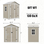 Outdoor Shed 5x3/6x4/7x7/8x6/8x10/8x12 FT, 15MM Thick PP Resin Plastic Shed with Lockable Door & Floor - Waterproof Plastic Tool Shed for Bike, Garbage Can, Backyard, Patio ﻿ ﻿ (Light Brown, 6x4FT)