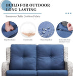 6 Pieces Patio Furniture Set with Fire Pit Table, Wicker Rattan Outdoor Furniture Set with Loveseat and Swivel Chairs for Yard, Deck, Garden, Light Beige Wicker/Blue Cushion