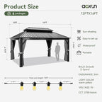 Aoxun Hardtop Gazebo 12FT X 16FT, Outdoor Pergolas with Mosquito Netting and Curtains, Galvanized Steel Double Roof Permanent Aluminum Gazebo, and LED Outdoor Waterproof Hanging Lights