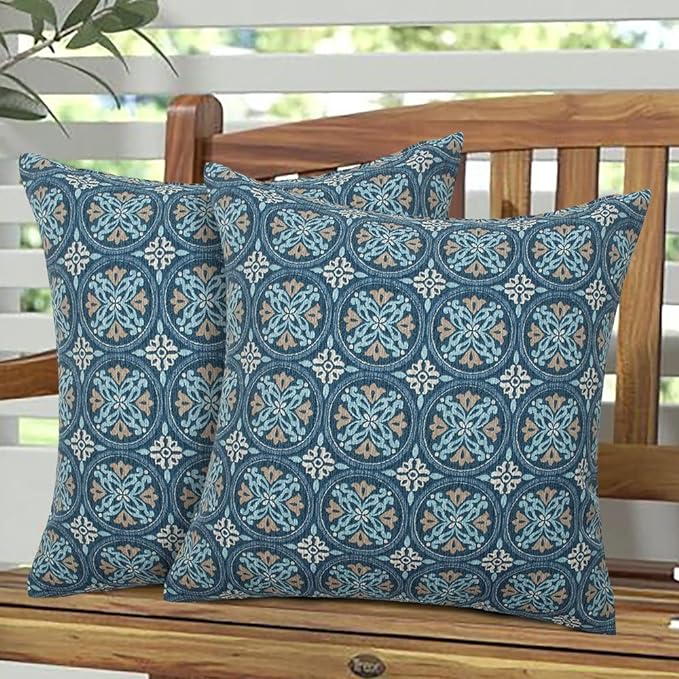 Magpie Fabrcis Pack of 2 Outdoor Waterproof Throw Pillow with Insert 18 x 18 Inch, Christmas Decorative Back Cushion Pad for Garden Patio Tent Balcony Couch Sofa(Morgan Medal Blue)