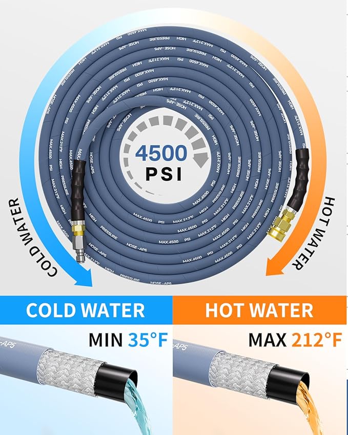 Pressure Washer Hose 125FT 3/8" for Cold and Hot Water 212°F, with Swivel Quick Connect, 4500PSI Kink Resistant Grade Steel Wire Braided, Power Washer Hose With 2pcs M22-14mm Adapter