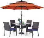 PHI VILLA 5 Piece Outdoor Dining Set with Umbrella, 37" Square Metal Dining Table & 4 Cushioned Wicker Rattan Chairs with 10ft Red Umbrella for Patio, Deck, Yard, Porch