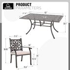 MFSTUDIO Cast Aluminum Patio Dining Set, Retro Design Outdoor Table and Chairs Set with 6×Extra Wide Dining Chair and 1×63" Rectangular Patio Table, Outdoor Dining Set of 6