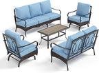 PHI VILLA Outdoor Modern Patio Furniture Set, Upgraded Wicker&Metal Patio Furniture Conversation Set with Waterproof Thick Cushions for Porch, Poolside, Deck, and Yard (5 Pieces,Blue)