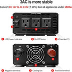 YSOLX 1500W Power Inverter 12V to 110V，Dc to Ac Inverter 3 AC Outlets，1500 Watt Inverter for Hurricanes, Power Outages，RV, Camping