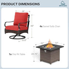 MFSTUDIO 5 Pieces Outdoor Patio Furniture Set, Metal Outdoor Conversation Sofa, Rattan Wicker Patio Sectional Sofa Set with 4 x Swivel Single Sofa, 1 x Fire Pit Table, Red