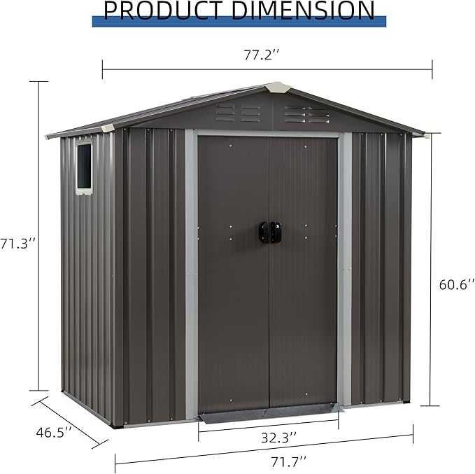 JYQAQA 6x4 FT Outdoor Garden Storage Shed,Waterproof Metal Garden Sheds with Lockable Double Door,Weather Resistant Steel Tool Storage House Shed forPatio,Lawn Gray