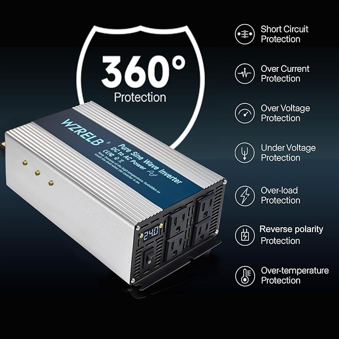 WZRELB 2000W Pure Sine Wave Inverter 24V DC to 110V 120V AC,Car Power Inverter with 4 AC Outlets, LED Display,Off-Grid Portable Power Converter for Home, RV, Truck, Camping