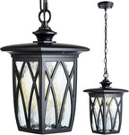 15'' Outdoor Pendant Light Fixture, Exterior Hanging Lantern, Modern Black Metal Outside Chandelier Light Fixture Ceiling Mount with Water Ripple Glass & Adjustable Chain for Porch, Gazebo, Front Door