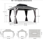 PURPLE LEAF 10' X 12' Hardtop Gazebo,White Aluminum Gazebo with Curtains and Netting,Galvanized Steel Gazebos with Double Roof,for Paito and Backyard