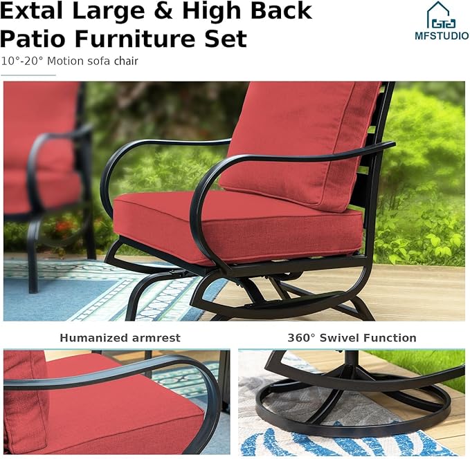 MFSTUDIO 5 Pieces Patio Conversation Sets, Outdoor Metal Furniture Sofas with 1 x 28 Square Propane Gas Fire Pit Table and 4 x Steel Frame Patio Sofa Swivel Chairs with Burgundy Red Cushion
