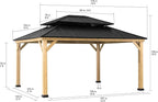 SUNJOY 13 x 15 ft. Wood Gazebo Cedar Framed Gazebos with Black Double Steel Hardtop Roof for Garden,Backyard Shade, Matte Black Roof + Natural Wood Frame