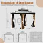 Domi 8' x 10' Hardtop Gazebo Permanent Metal Gazebo with Galvanized Steel Double Roof, Curtains and Netting for Party, Wedding, Outdoor Dining, Patio, Backyard, Brown