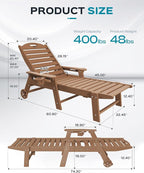 Lounge Chair Outdoor, Oversized Chaise Lounge Chair with 5 Positions, HDPE, Patio Lounge Chair with Wheels & Cup Holder for Pool, Deck, Poolside, Teak