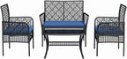 4-Piece Patio Furniture Set, Weather-Resistant Rattan Patio Conversation Set with Two-Tier Coffee Table, Upholstered Openwork Wicker Furniture for Porch, Garden, Lawn, Blue
