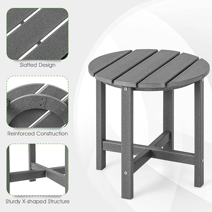 Tangkula Round Outdoor Side Table, 18 Inch Weather Resistant HDPE Adirondack Table, Outdoor Indoor Chairside End Tables, Patio Side Table for Lawn Garden Balcony Backyard, Easy Assembly (2, Gray)