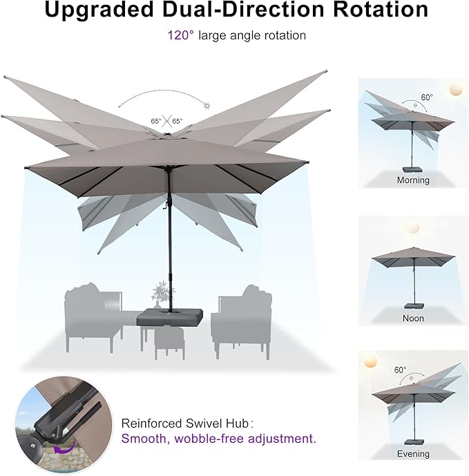 PURPLE LEAF 8' X 10' Swivel Outdoor Patio Aluminum Umbrella with Base Left-right Tilting Cantilever Offset Umbrella with UV Resistant Heavy Duty Fabric for Deck Pool Patio Backyard, Ash Mocha