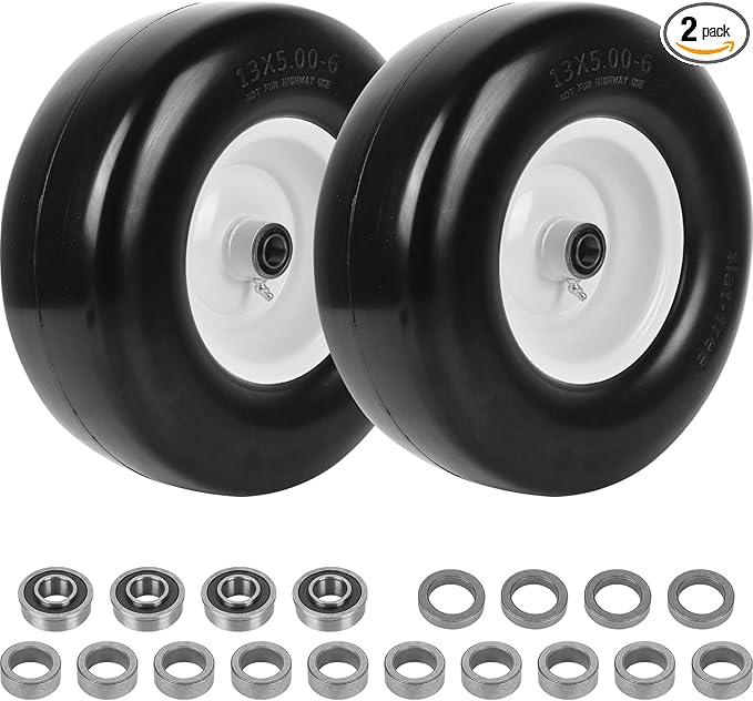AR-PRO (2 Pack) 13 x 5.00-6" Flat Free Tire and Wheel, Replacement Solid Lawn Mower Tires with Rim, 3" Centered Hub and 3/4" Extra 5/8" Bearings - Fit for Most Riding Mower, Garden Lawn Tractor