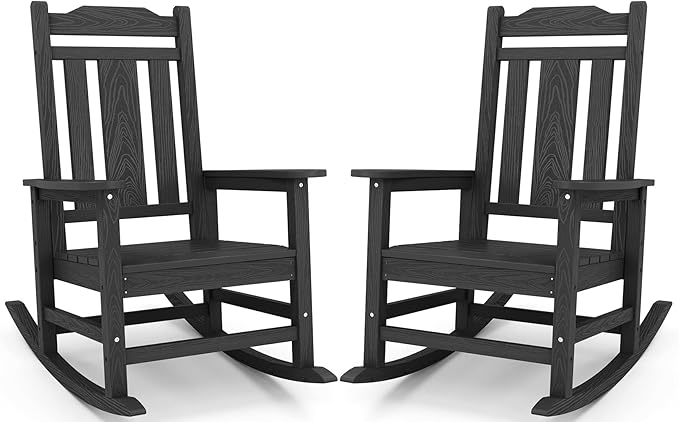 SERWALL Oversized Rocking Chair Set of 2 Outdoor, HDPE Outdoor Rocking Chair Set of 2, Black