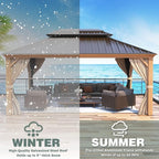 MELLCOM 12'x16' Wood Looking Hardtop Gazebo, Aluminum Frame and Galvanized Steel Double Roof, Metal Outdoor Gazebo with Curtains and Nettings for Deck Backyard and Patio