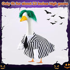 Halloween Porch Goose Outfits Black and White Striped Suit and Wig Movie Clothes for 23 Inch Cement Goose Halloween Costume Outdoor Yard Lawn Garden Patio Decor