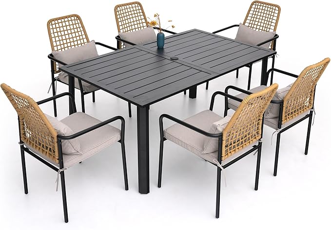 7 Pieces Patio Rattan Chairs and 63" x 38" Rectangle Table Set for Deck, Garden, Yard Outdoor Armrest Dining Stackable Chairs with Cushions