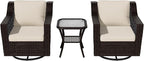 Vista Vibe 3 Pieces Outdoor Patio Conversation Furniture Set - 360 Degree Swivel Glider Rocker Chairs | Wicker End Table, Washable Cushions, Hand-Woven PE Rattan, Lawn, Sunroom (Brown/Beige)