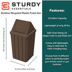32 Gallon Square Slatted 100% Recycled Plastic Heavy Duty Outdoor Commercial Trash Can with Swing Top Lid | Great for Schools and Businesses - Brown