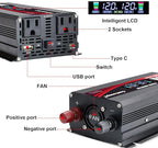 1200W/2400W(Peak) Power Inverter DC 12V to 110V/120V AC Converter with LCD Display Dual AC Outlets 3.0A USB and Type-C Car Inverter for Truck Vehicles Laptop Trip