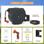 NEOTEC Retractable Garden Hose Reel 1/2 inch x 150ft - Wall Mounted Heavy Duty Hose Reel with 3/4 Inch Brass Fittings & 9-Pattern Nozzle - Auto Rewind System, Any Length Lock, 180° Swivel Bracket