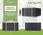 Greesum 10x10FT Outdoor Storage Shed, Utility Tool Shed Metal Storage Garden Shed with Door & Lock for Patio Storage, Gray