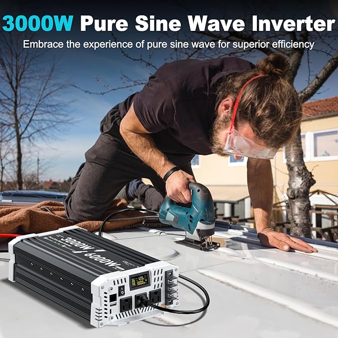 3000 watt Pure sine Wave Inverter, 12V DC to 110V AC Power Inverter, Used for Solar Emergency Power Supply in RV Homes, with 3 AC Output sockets, USB Port, Type-C Port, Remote Control with LCD Screen