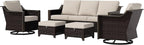 5 Piece Wicker Patio Conversation Set, All-Weather Use Outdoor 2 PE Rattan Swivel Chair, 2 Ottoman, 1 Patio Sofa, Removable Water-Resistant Cushion, Ideal for Porch, Backyard, Balcony, Poolside, Beige