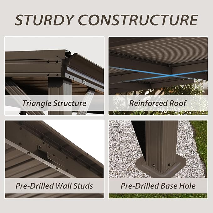 Domi 12'x20' Hardtop Lean to Gazebo with Gutters, Connectable Wall Mounted Gazebo Pergola with Galvanized Steel Roof, 60MPH Wind Resistance, Outdoor Large Metal Canopy, for Patio, Deck, Lawn - Brown