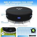 24 Ft Round Pool Cover with Reflective Strips, 420D Swimming Pool Cover for Above Ground Pools, Solar Cover with Drawstring and Ground Nails for Dustproof, UV Protected