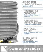 Pressure Washer Hose 200FT 3/8" for Cold and Hot Water 212°F, with Swivel Quick Connect, 4500PSI Kink Resistant Grade Steel Wire Braided, Power Washer Hose With 2pcs M22-14mm Adapter