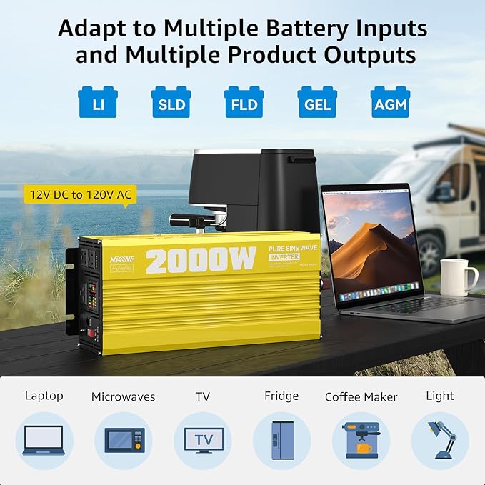 XWJNE 2000 Watt Pure Sine Wave Inverter 12V DC to 120V AC 4000W Peak Power Converter with LED Display and Remote Controller for Home, RV, Truck, Off-Grid Solar