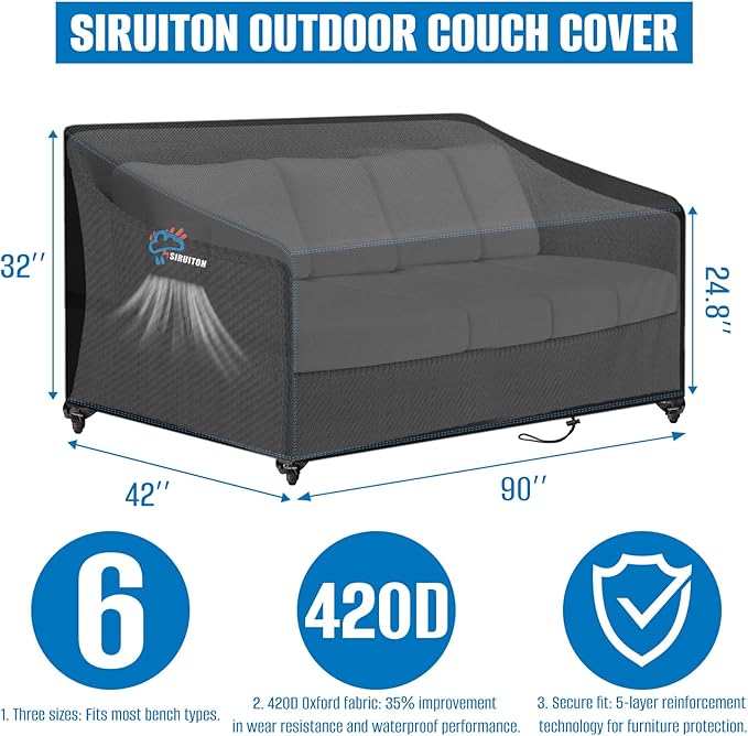 SIRUITON 3-Seat 90" W x 42" D x 32" H Garden Patio Sofa/Loveseat/Bench Cover, Heavy Duty 420D Oxford Waterproof Outdoor Sofa Cover, Lawn Patio Furniture Covers